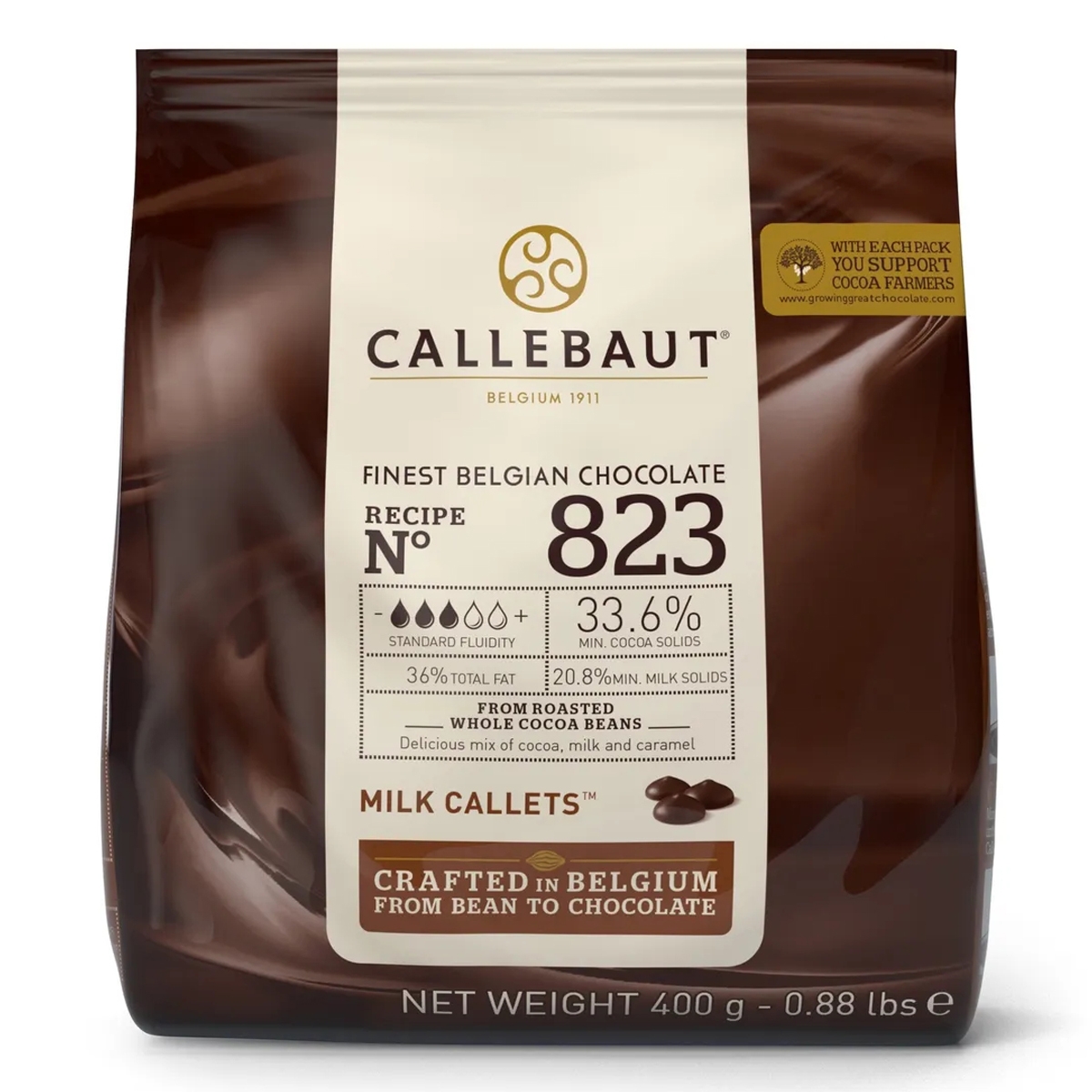 Шоколад молочный 33,6%, №823, Callebaut, Бельгия, заводская упаковка 400 г  | Фото — Магазин Andy Chef  1