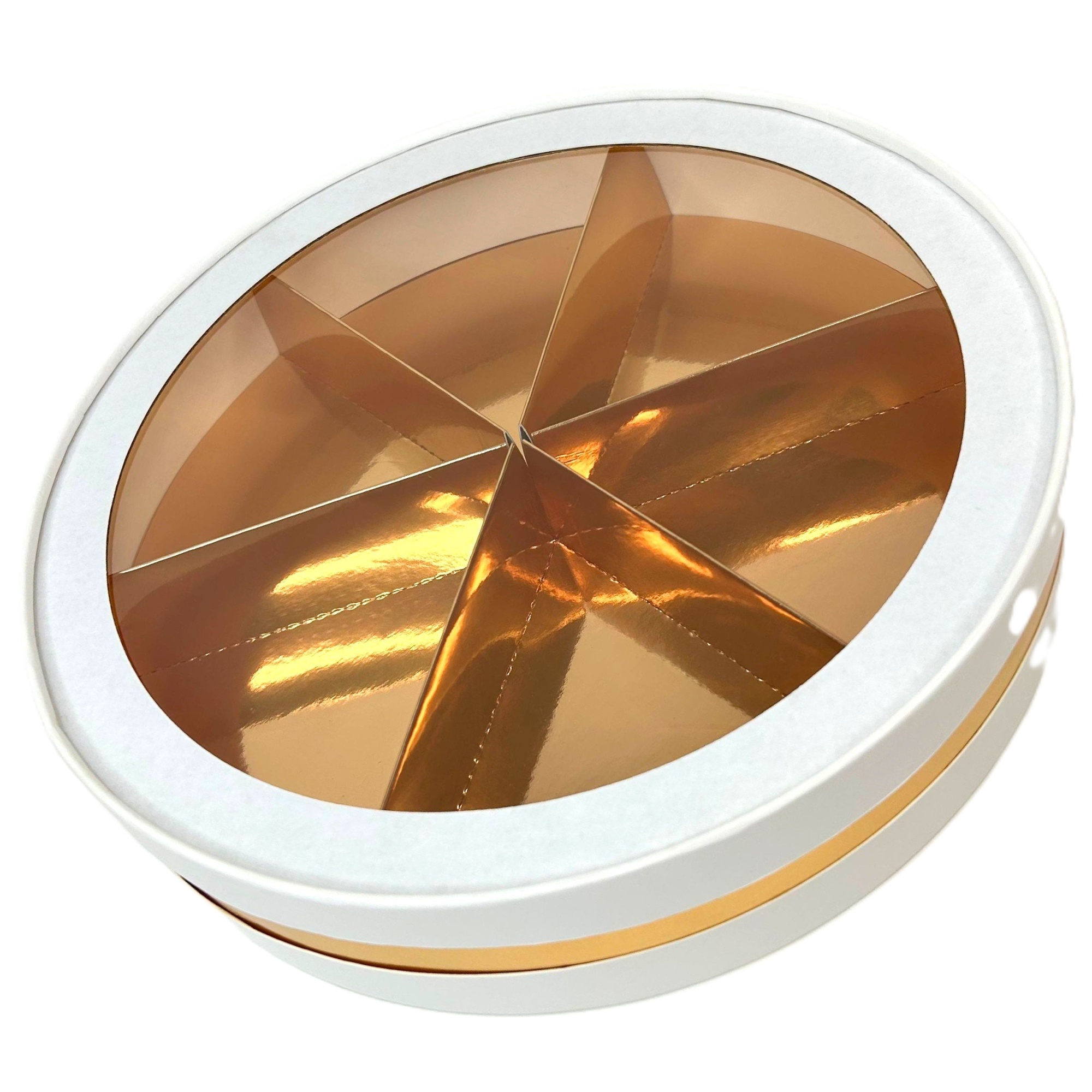 Коробка для ассорти сладостей на 6 ячеек круглая Белая/Золото 28,5х4 см  | Фото — Магазин Andy Chef  1