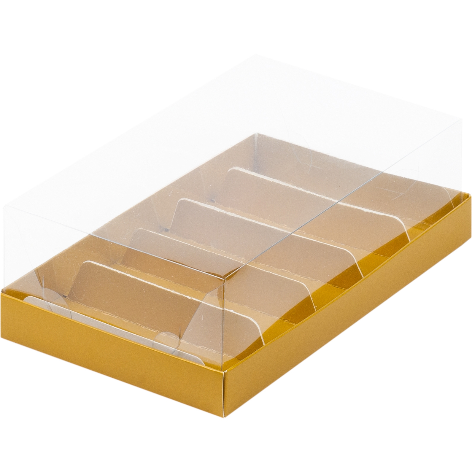 Коробка для эклеров и нарезных пирожных с прозрачной крышкой и вкладышами Золото 22х13,5х7 см  | Фото — Магазин Andy Chef  1