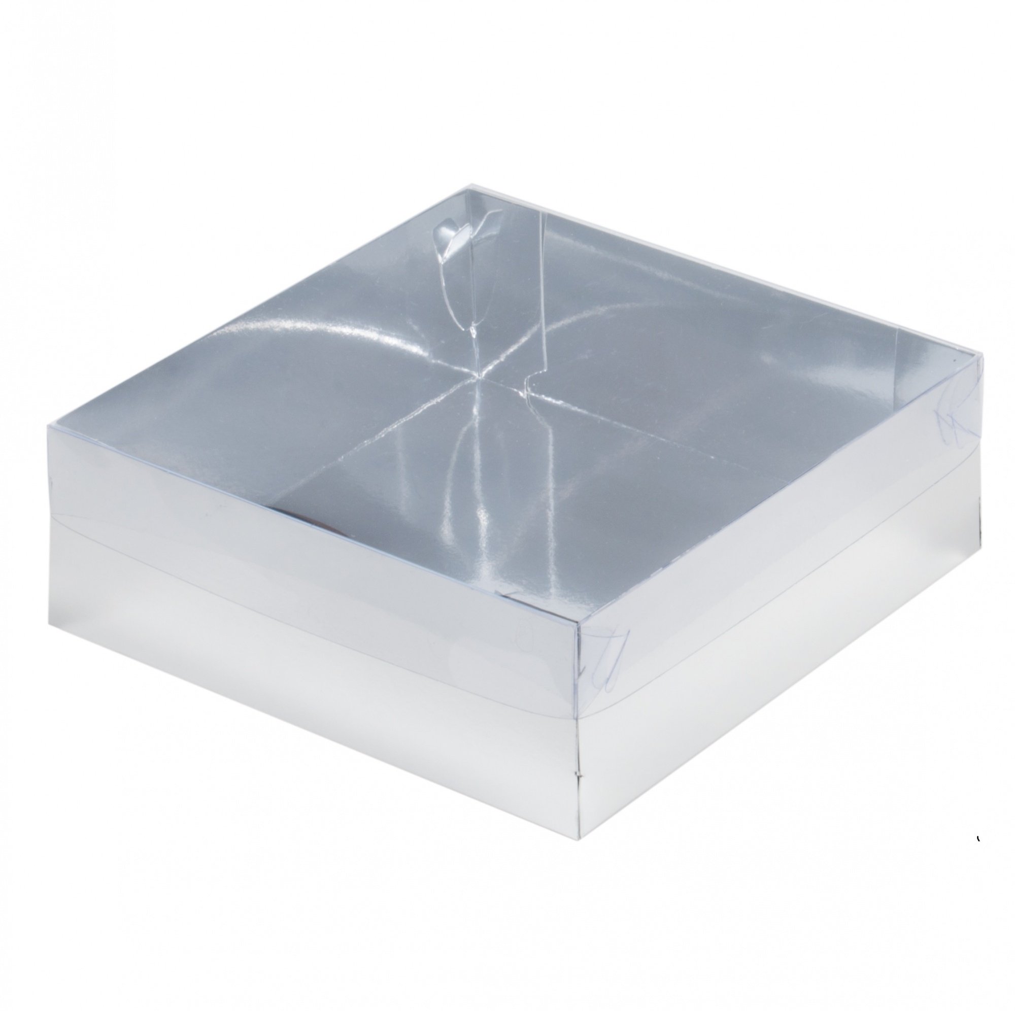 Коробка для десертов с прозрачной крышкой Серебряная 20х20х7 см  | Фото — Магазин Andy Chef  1