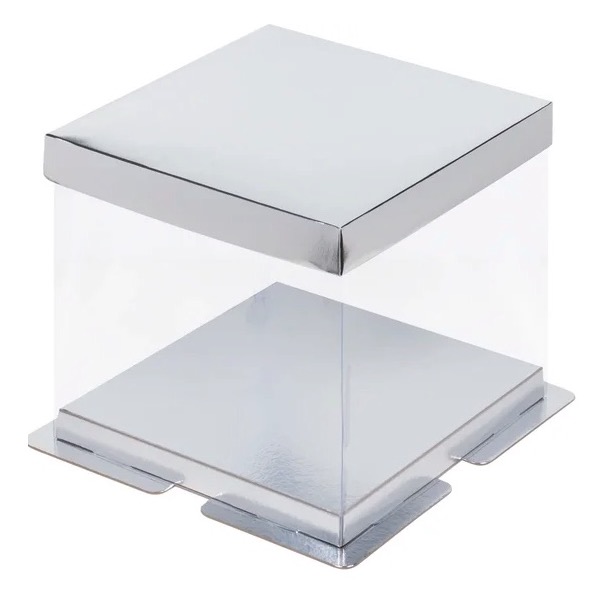 Коробка для торта Премиум Серебро/Прозрачная 26х26х28 см  | Фото — Магазин Andy Chef  1