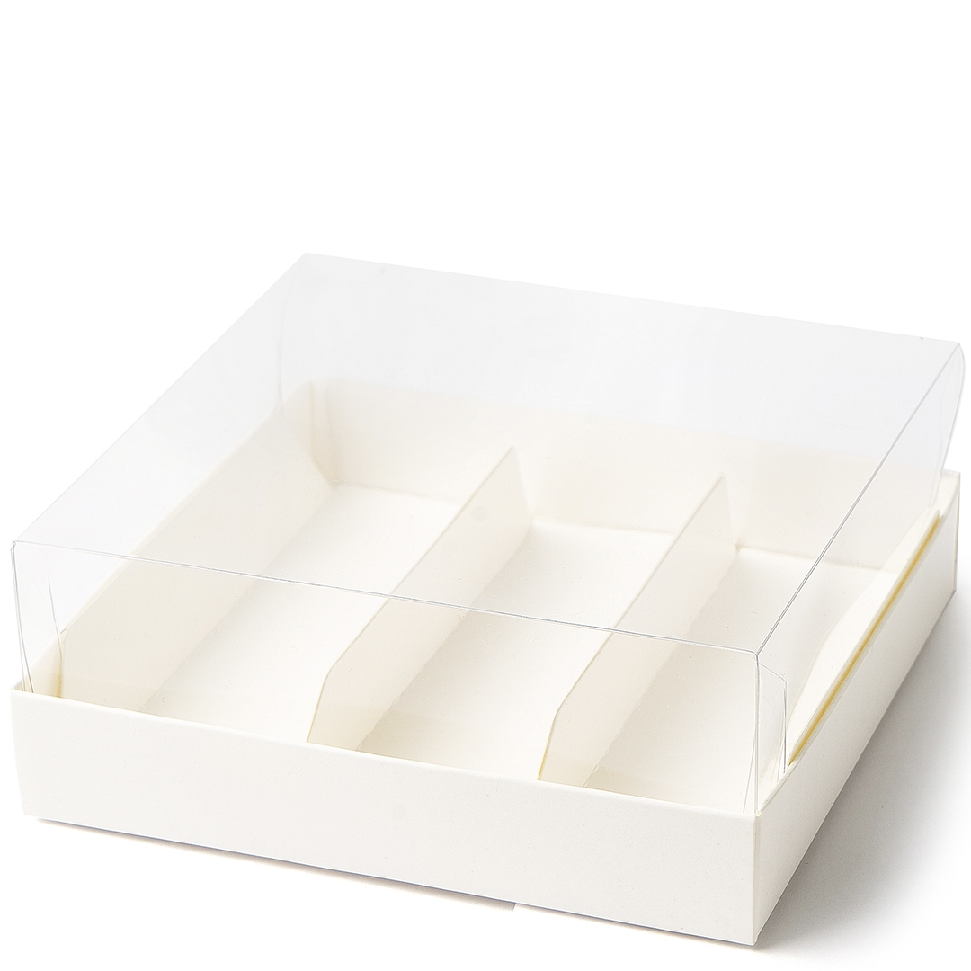 Коробка для 3 эклеров с вкладышами Белая 13,5х13,5 см  | Фото — Магазин Andy Chef  1
