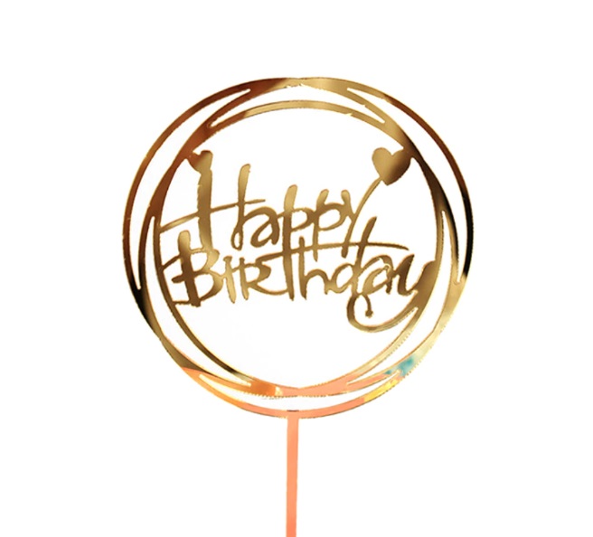 Топпер акриловый Happy Birthday круг с сердечками, золотой  | Фото — Магазин Andy Chef  1