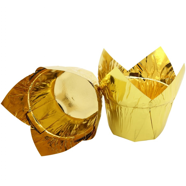Капсулы-тюльпаны для капкейков ламинированные с поддержкой Золотые 70х50 мм, 50 шт.  | Фото — Магазин Andy Chef  1