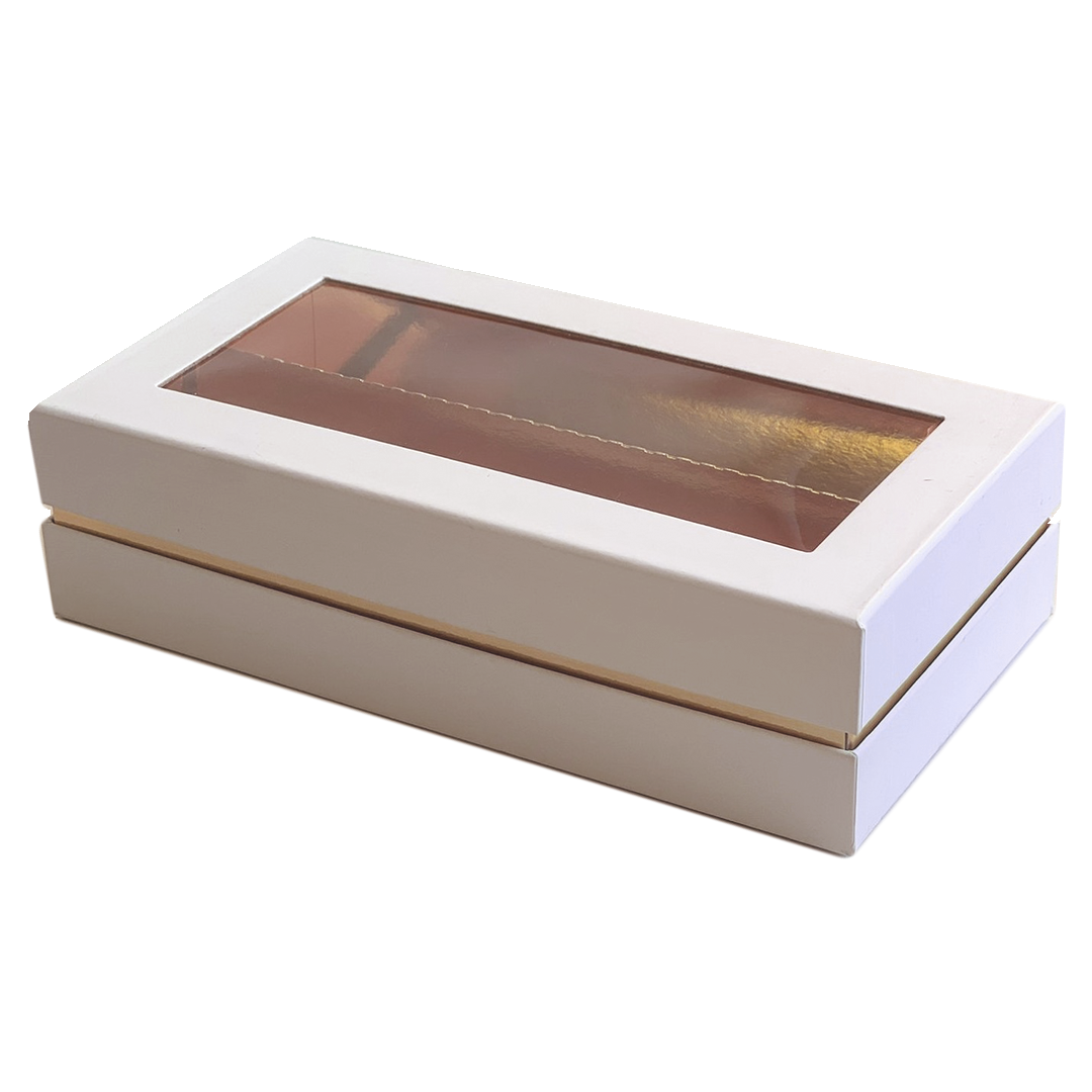 Коробка для макарон с окном и разделителем Премиум Белая/Золото 21х11х5,5 см  | Фото — Магазин Andy Chef  1