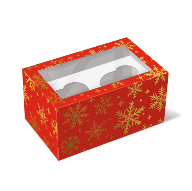 Коробка на 2 капкейка с окном «Снежинки на красном» 16х10х8 см  | Фото — Магазин Andy Chef  1