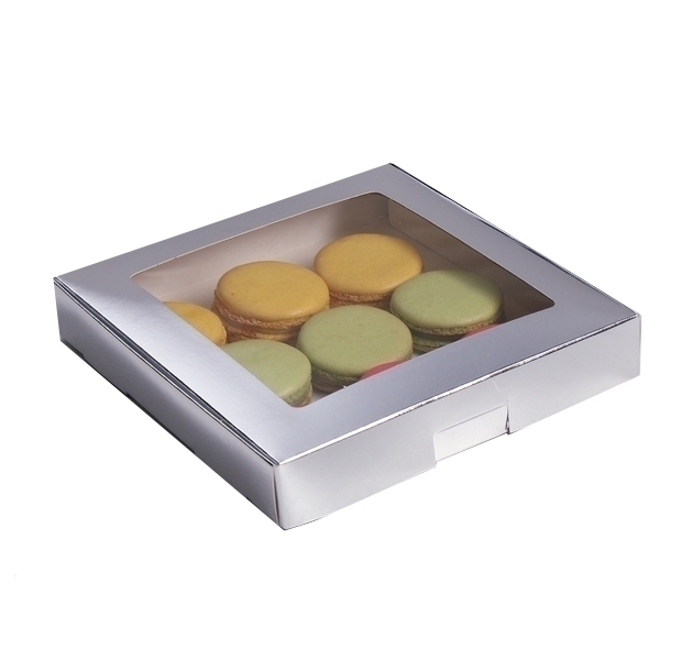 Коробка для десертов с окном Серебряная 19х19х3 см  | Фото — Магазин Andy Chef  1