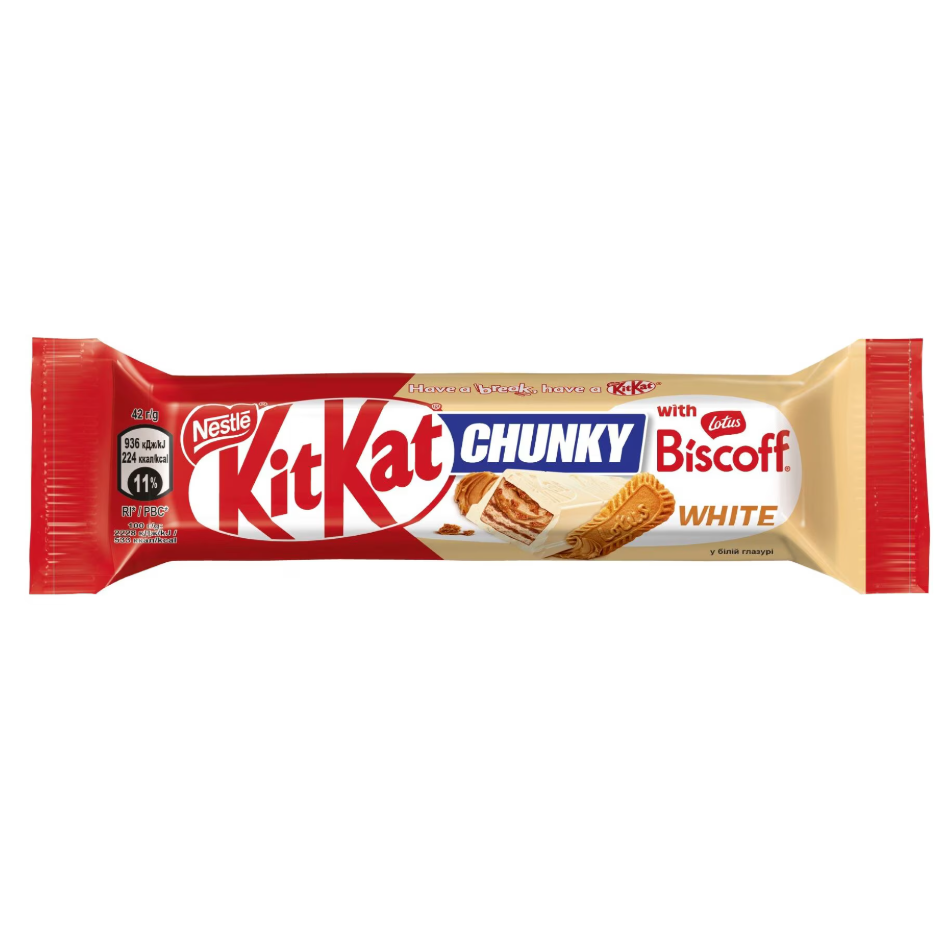 Шоколадный батончик KitKat Chunky Lotus Biscoff White, Nestle, Великобритания, 42 г (срок годности до 17-30.11.2025)  | Фото — Магазин Andy Chef  1