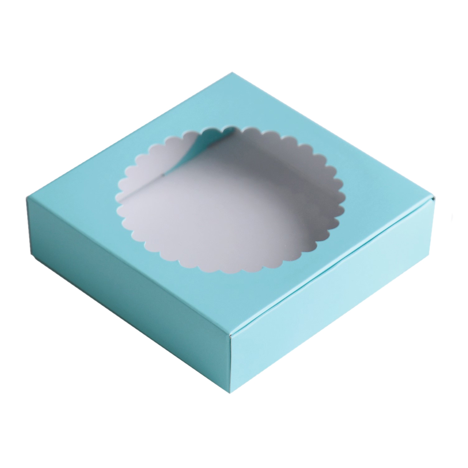 Коробка для десертов с фигурным окном Голубая 11,5х11,5х3 см  | Фото — Магазин Andy Chef  1