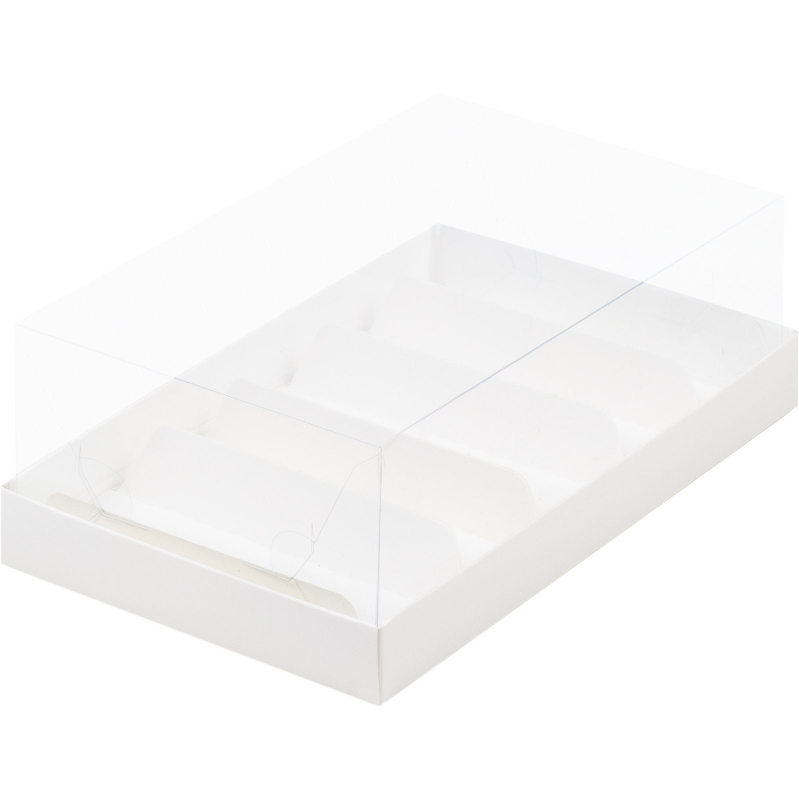 Коробка для эклеров и нарезных пирожных с прозрачной крышкой и вкладышами Белая 22х13,5х7 cм  | Фото — Магазин Andy Chef  1