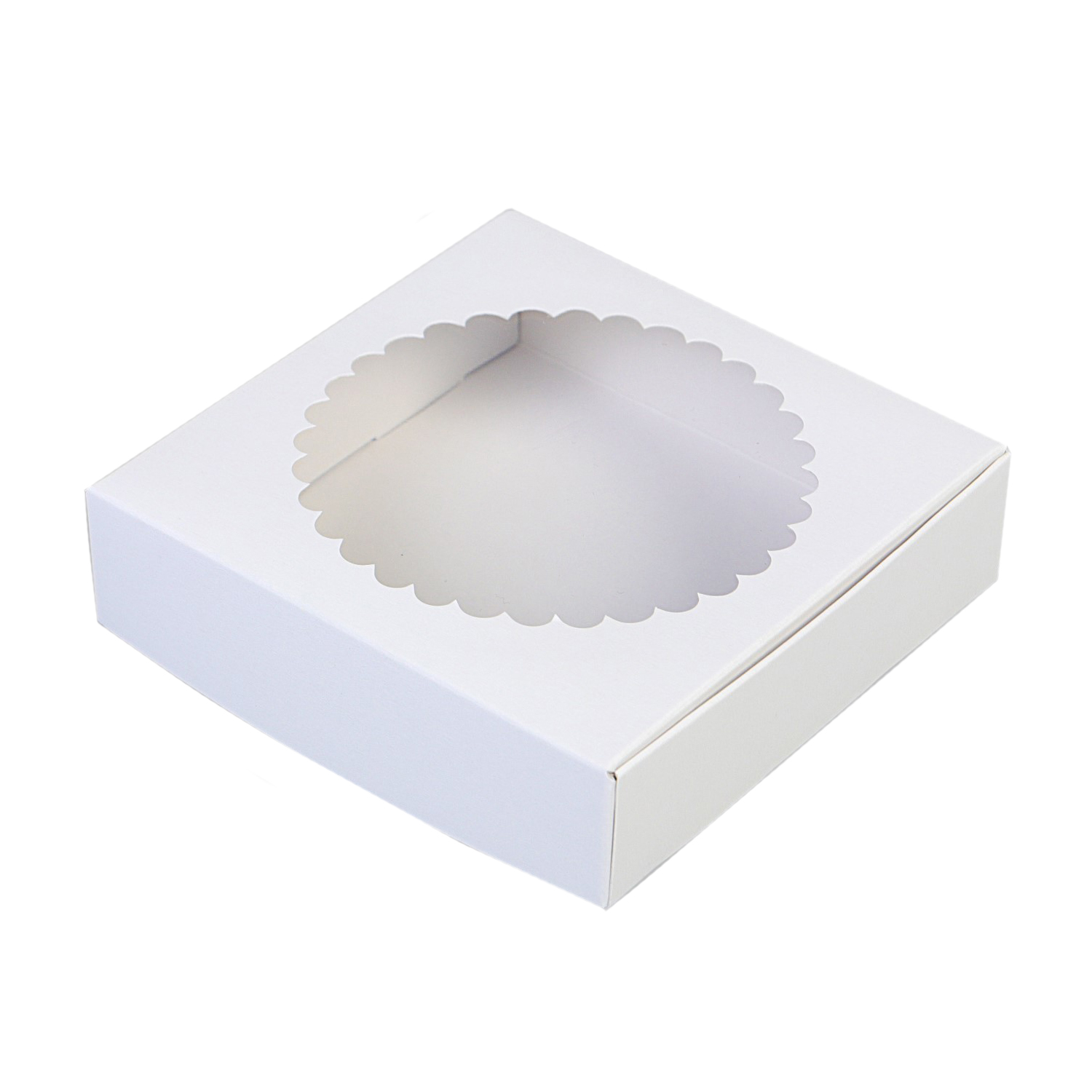 Коробка для десертов с фигурным окном Белая 11,5х11,5х3 см  | Фото — Магазин Andy Chef  1