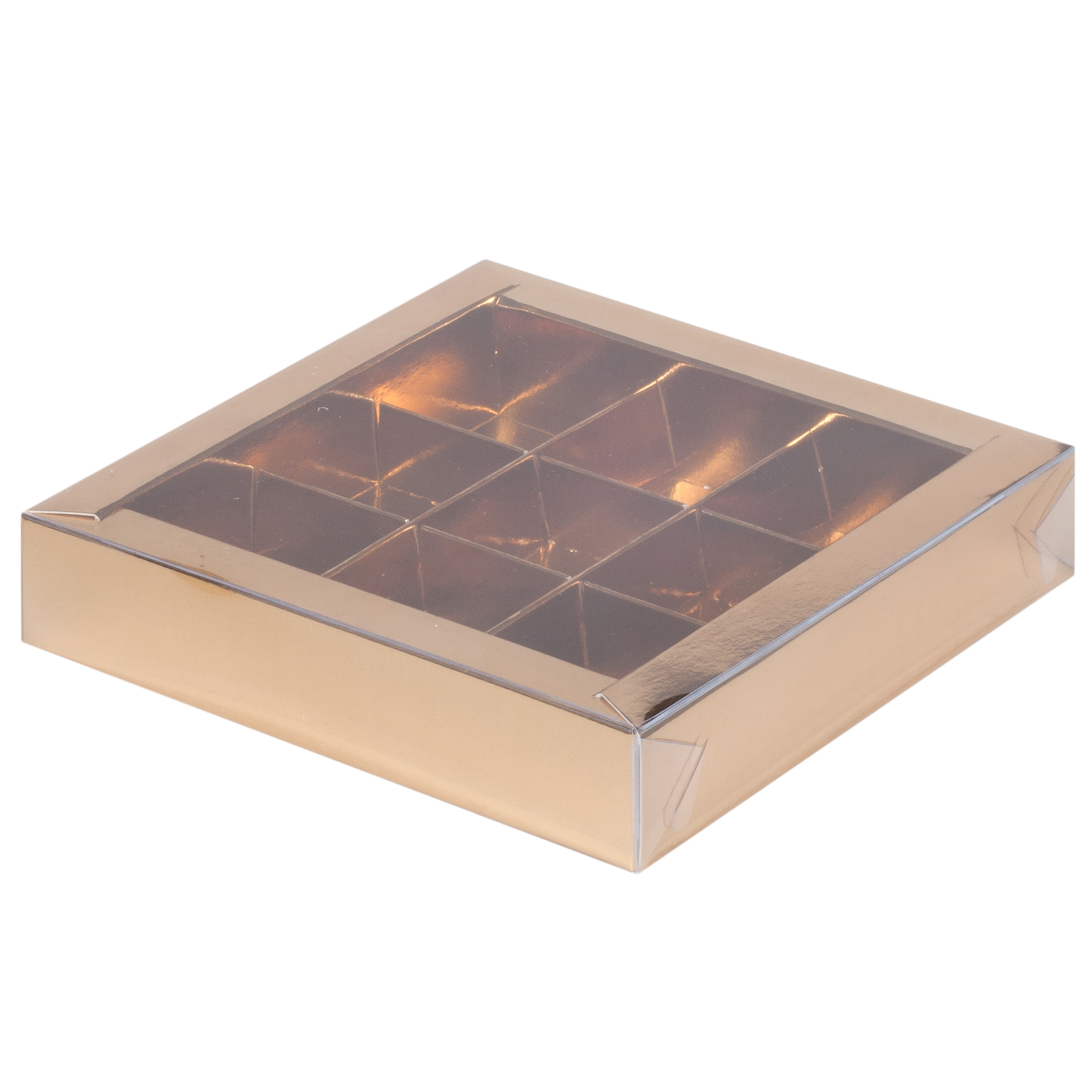 Коробка для 9 конфет с окном Золото 15,5х15,5х3 см  | Фото — Магазин Andy Chef  1