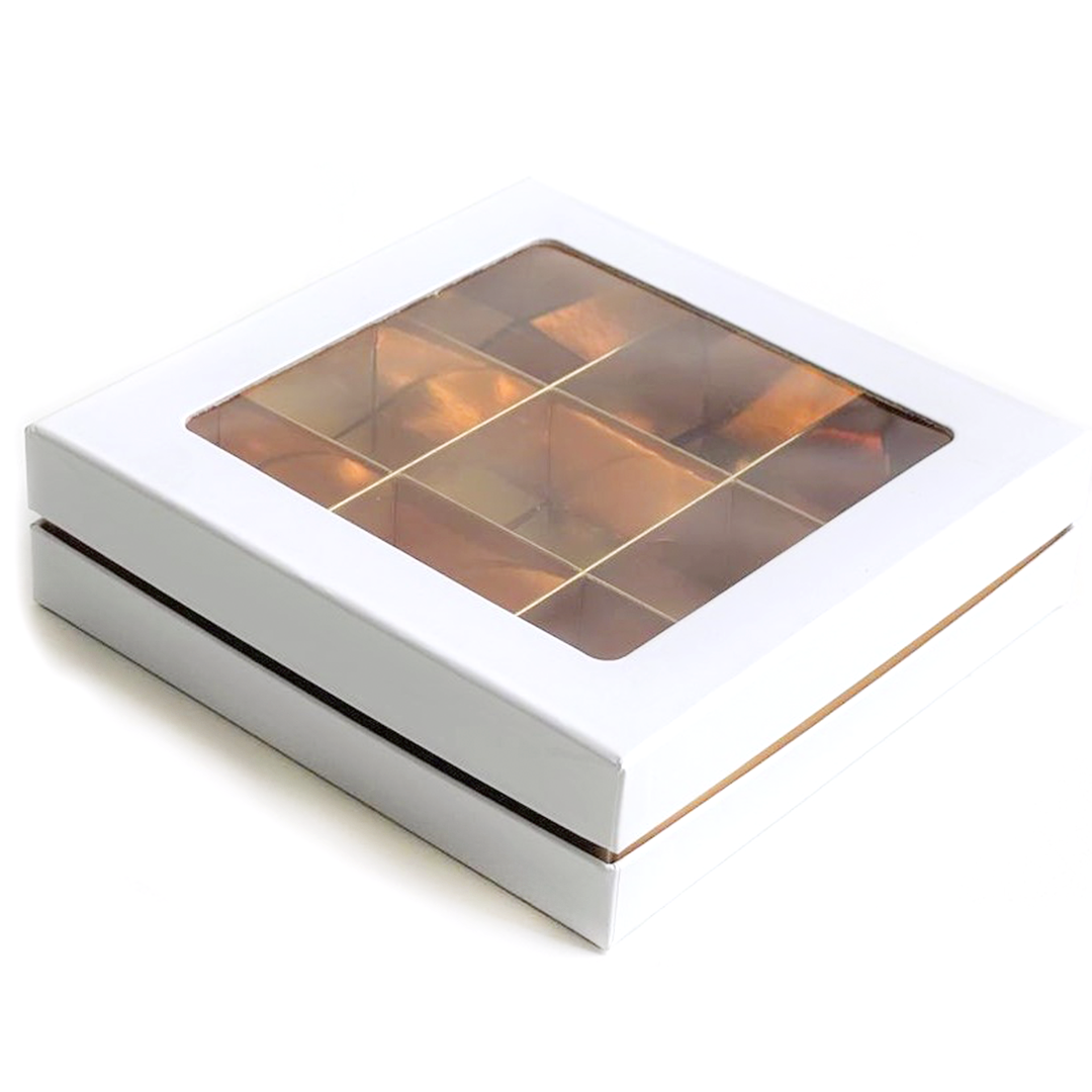 Коробка на 9 конфет Премиум Белая/Золото 16х16х4,5 см  | Фото — Магазин Andy Chef  1