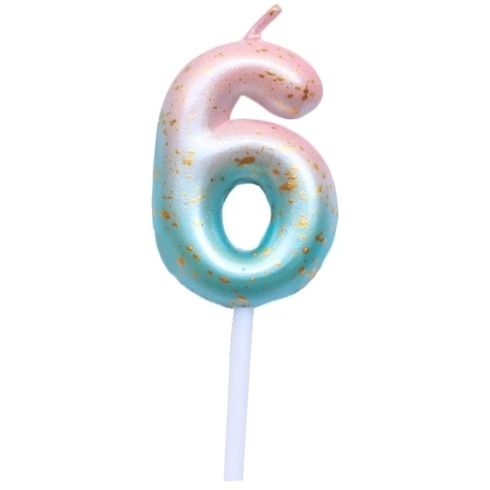 Свеча для торта цифра «6» розово-голубой металлик 4,5 см  | Фото — Магазин Andy Chef  1