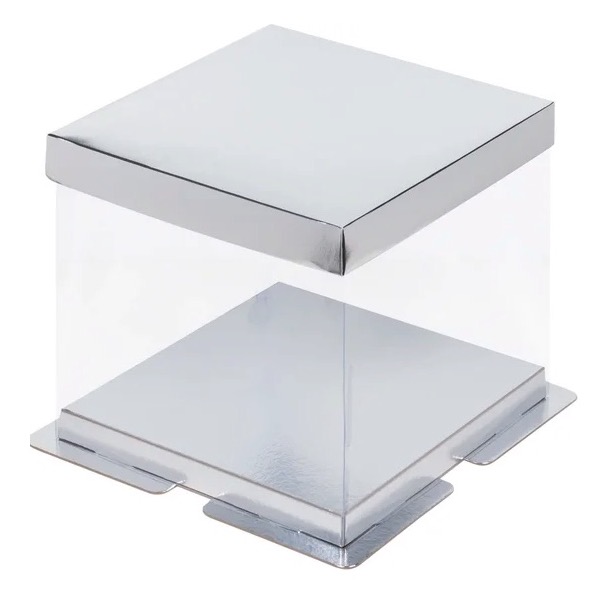 Коробка для торта Премиум Серебро/Прозрачная 23,5х23,5х22 см  | Фото — Магазин Andy Chef  1