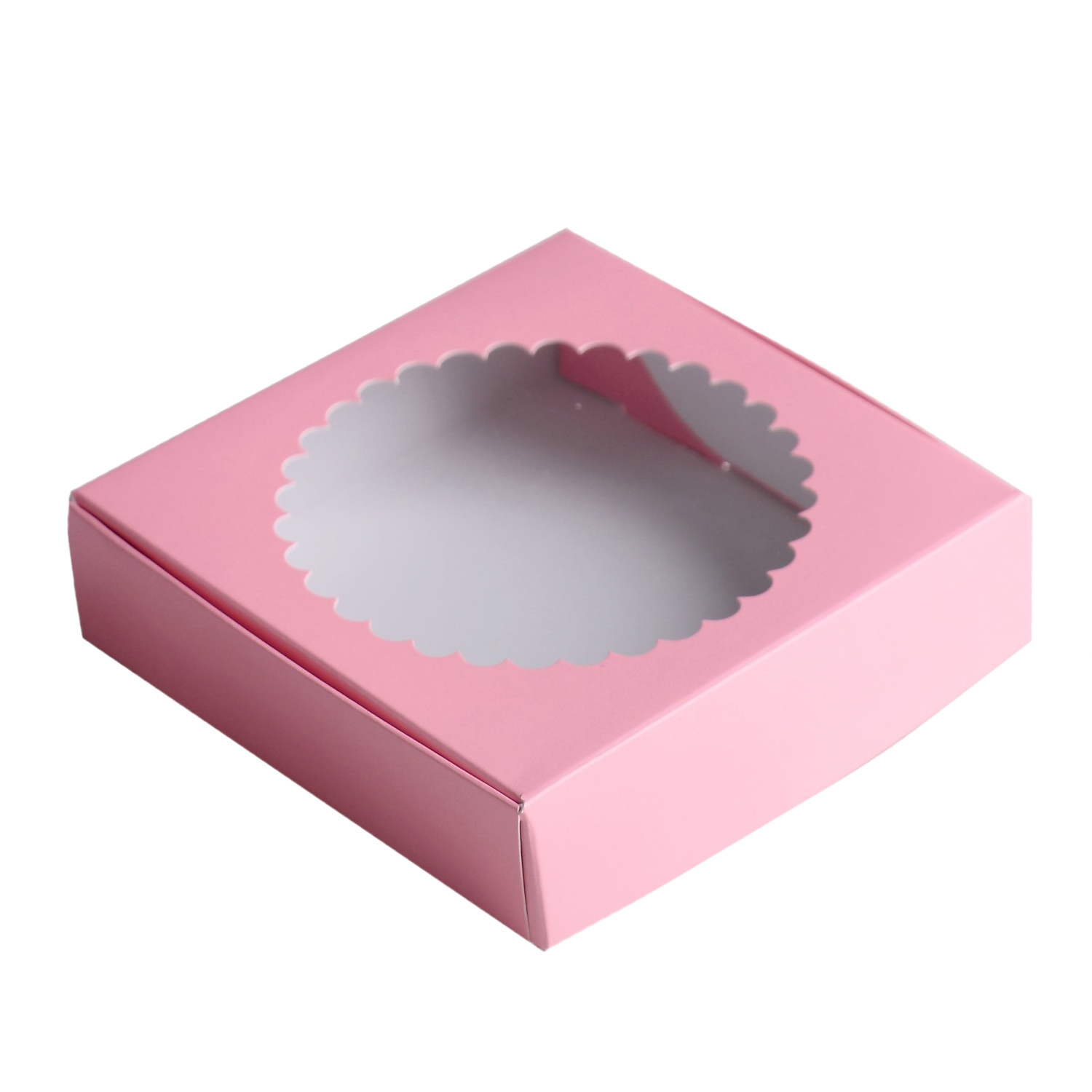 Коробка для десертов с фигурным окном Розовая 11,5х11,5х3 см  | Фото — Магазин Andy Chef  1
