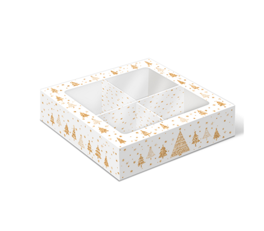 Коробка на 4 конфеты «Золотые елочки» 12,6х12,6х3,5 см  | Фото — Магазин Andy Chef  1