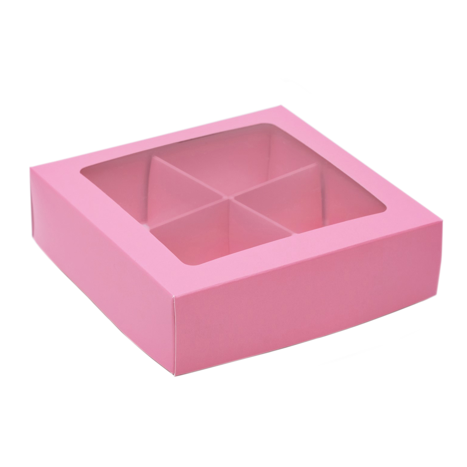 Коробка для 4 конфет с окном Розовая 12,5х12,5х3,5 см  | Фото — Магазин Andy Chef  1
