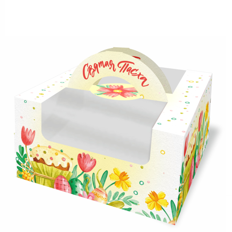 Коробка для бенто торта «Пасха» с окном 14х14х8 см, дно 14 см  | Фото — Магазин Andy Chef  1