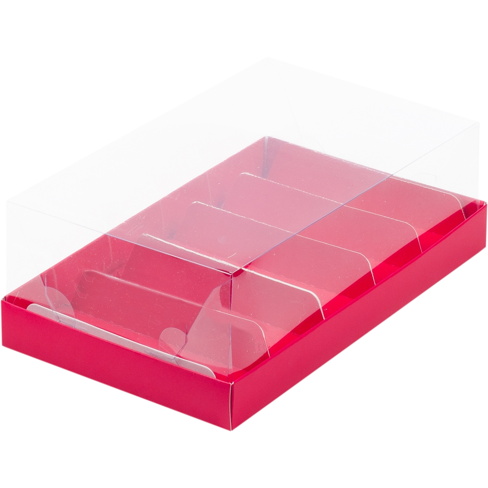 Коробка для эклеров и нарезных пирожных с прозрачной крышкой и вкладышами Красная 22х13,5х7 см  | Фото — Магазин Andy Chef  1
