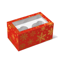 Коробка на 2 капкейка с окном «Снежинки на красном» 16х10х8 см
