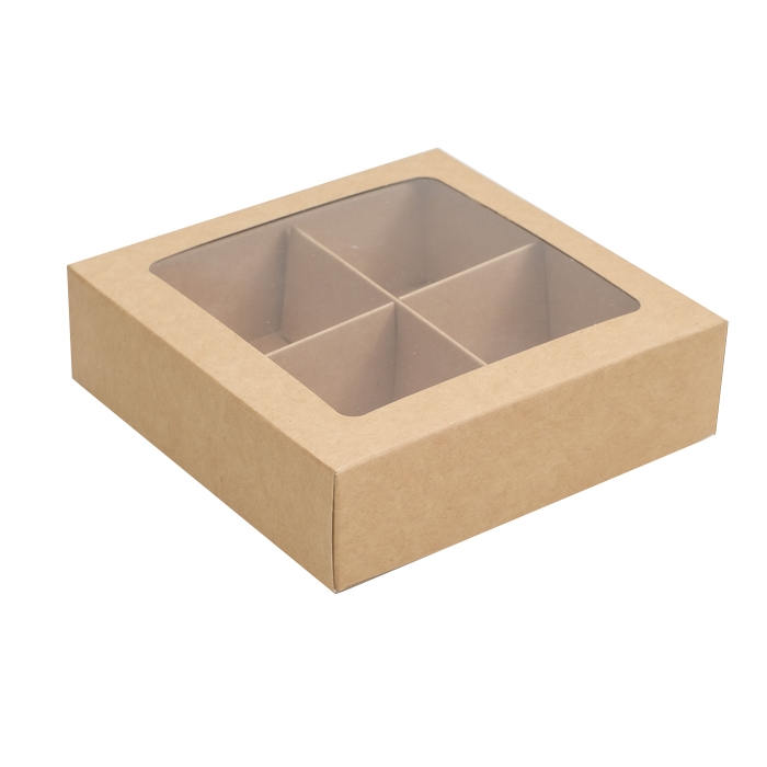 Коробка для 4 конфет с окном Крафт 12,5х12,5х3,5 см  | Фото — Магазин Andy Chef  1