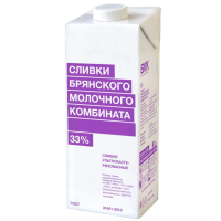 Сливки молочные 33%, БМК, 1 л (срок годности до 02.08.2026)