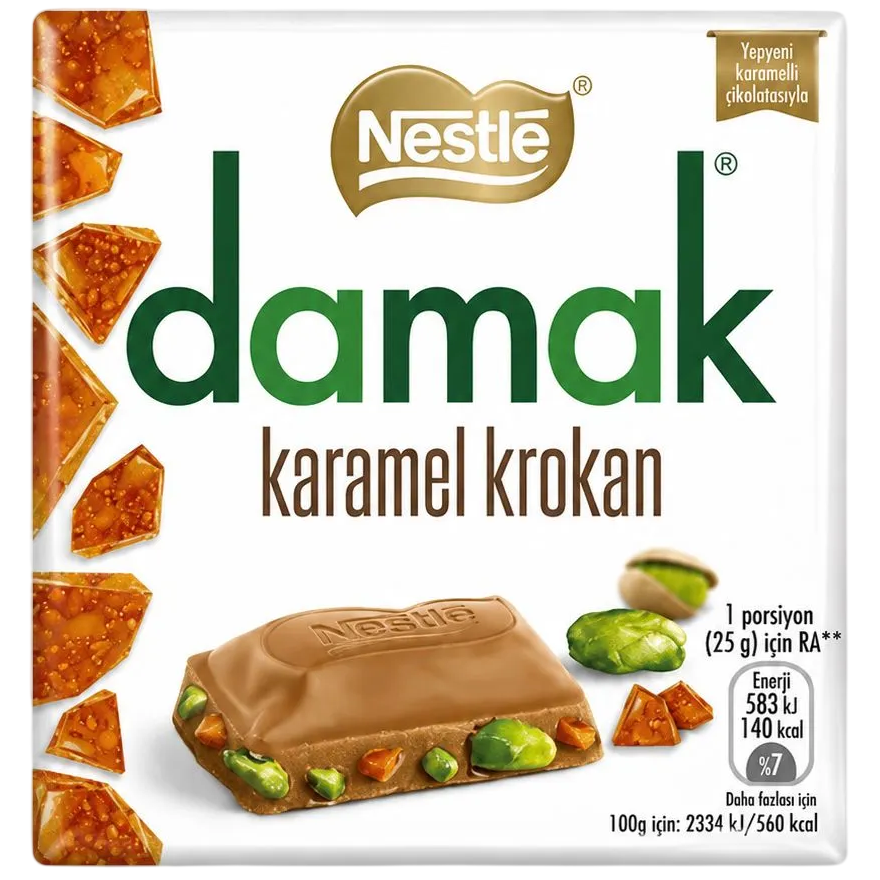 Шоколадная плитка белая карамельная фисташками и карамелью Damak Karamel Krokan, Nestlé, 60 г  | Фото — Магазин Andy Chef  1